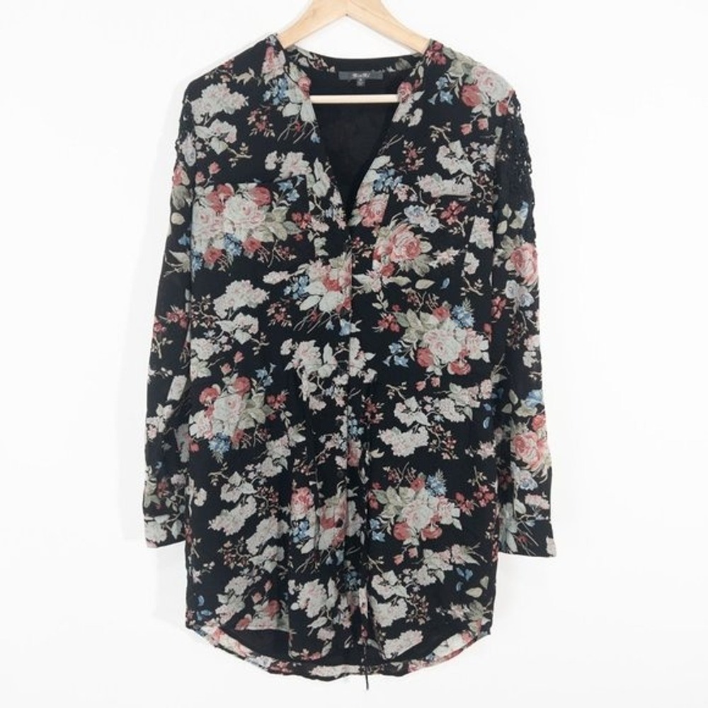 Miss Me Mini Dress Long Sleeve Size M Women Floral Black Top Partial Lace Sleeve